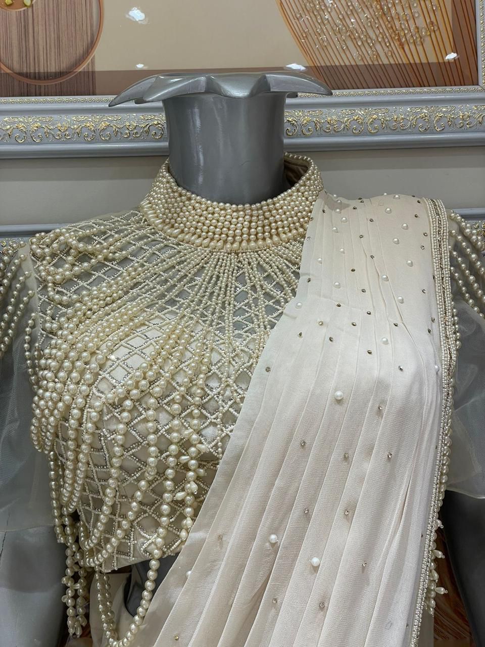 Pearls neck blouse Saree